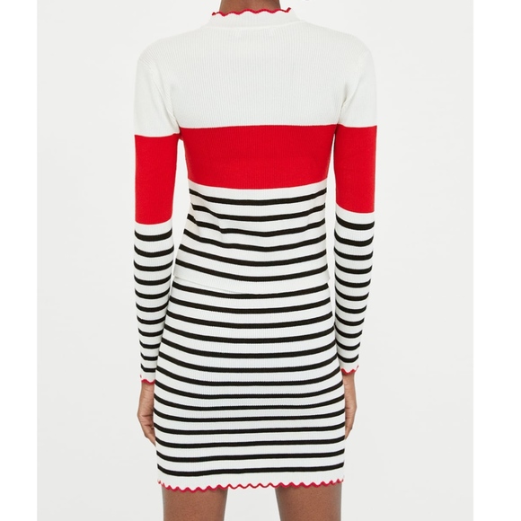 Zara Knit Black Striped Red Scalloped Hem Mini Skirt Large Comfy Workwear - Picture 9 of 15